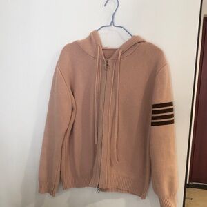 Pink Hooded Zip-Up Sweater with Stripes